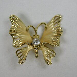 Louis Giusti Brushed High Polish Gold Tone Butterfly Crystal Pin Brooch Vintage